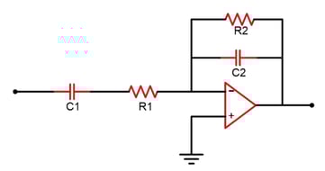 A derivation of a second-order band pass filter transfer function.