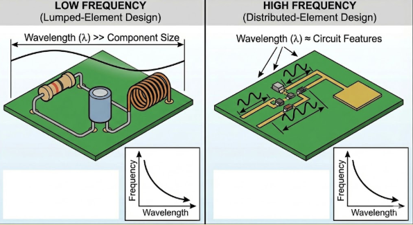 Comparison of low-frequency lumped-element and high-frequency distributed-element PCB designs
