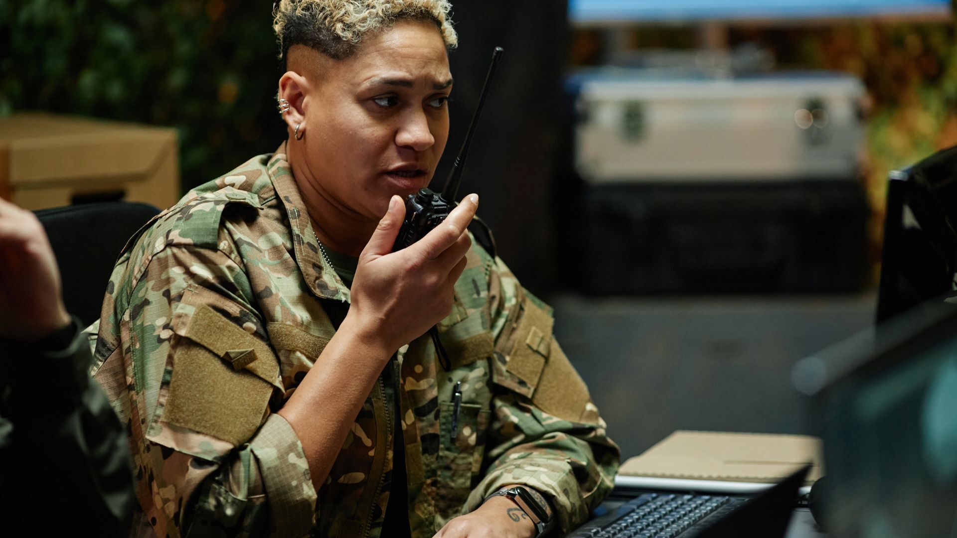 Military officer using military radio